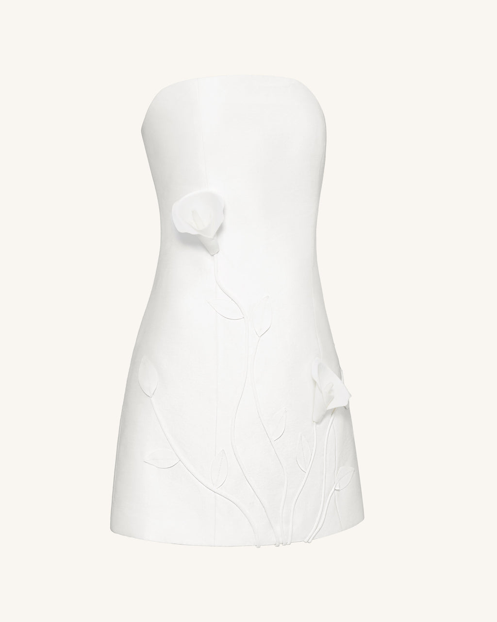 3D藤蔓花卉無肩帶迷你連身裙 – 白色